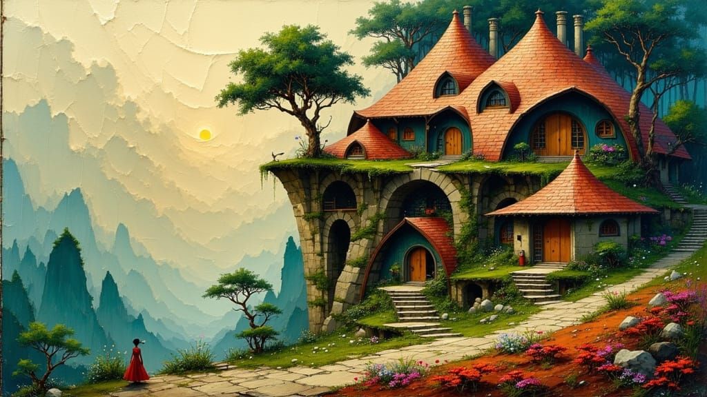 Surreal Neo-Expressionist Hobbit Village in Epic Sci-Fi Brut...