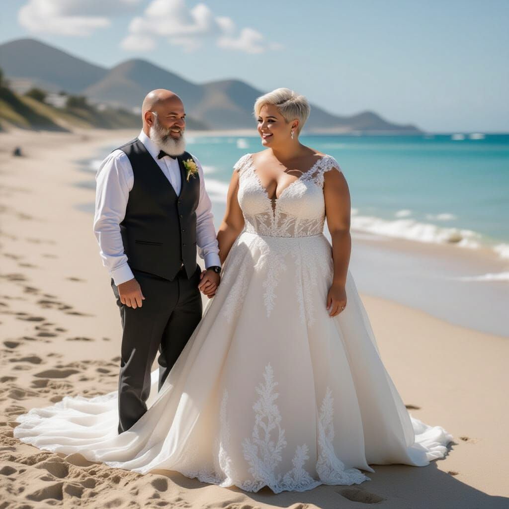 Beach Wedding: Plus Size Bride and Bald Groom