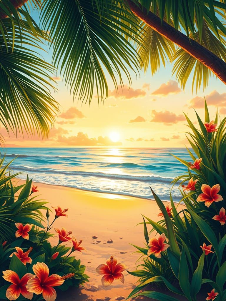 Idyllic Tropical Sunset with Vibrant Flowers and Palm Fronds