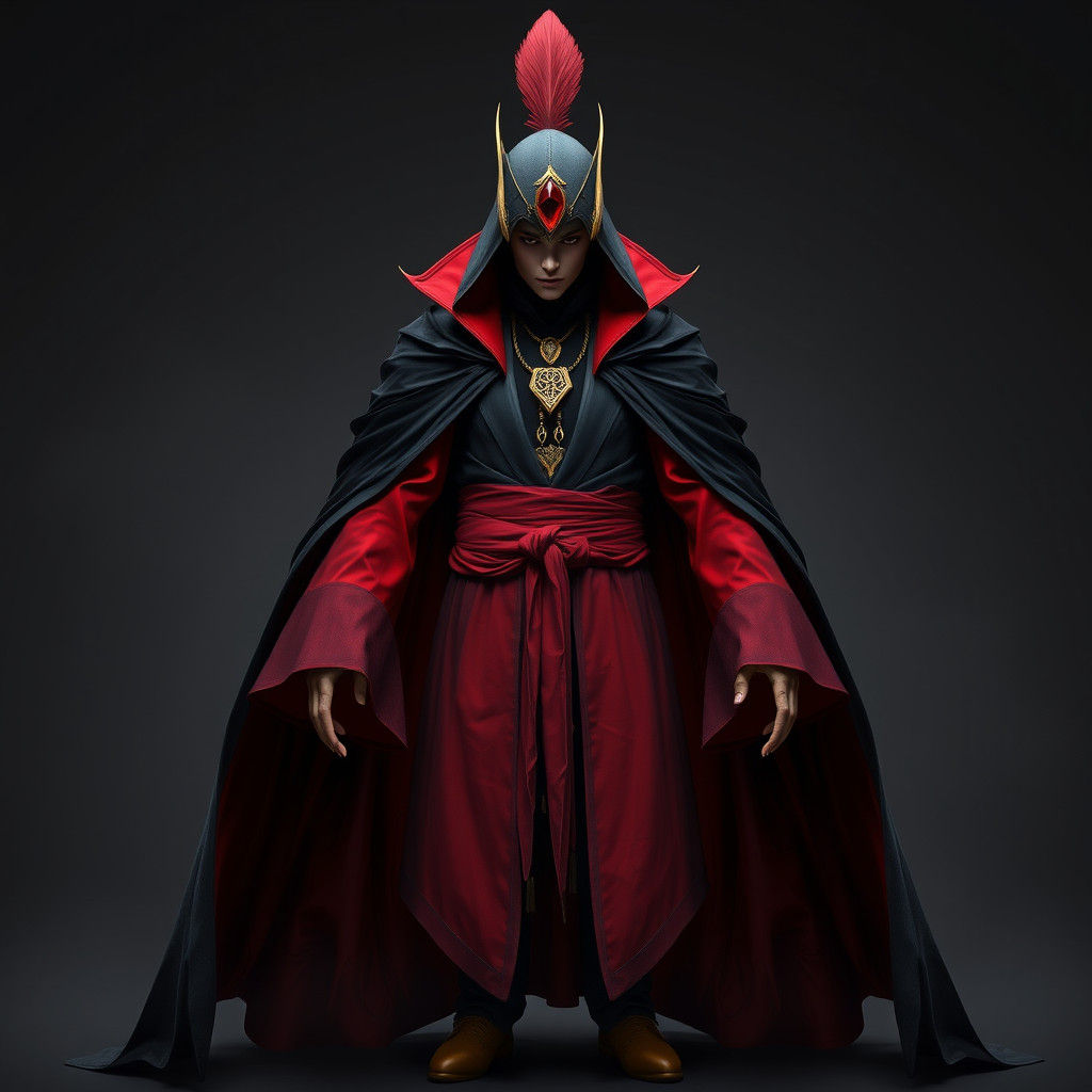 Mysterious Figure in Dark Robes and Mitre Headdress