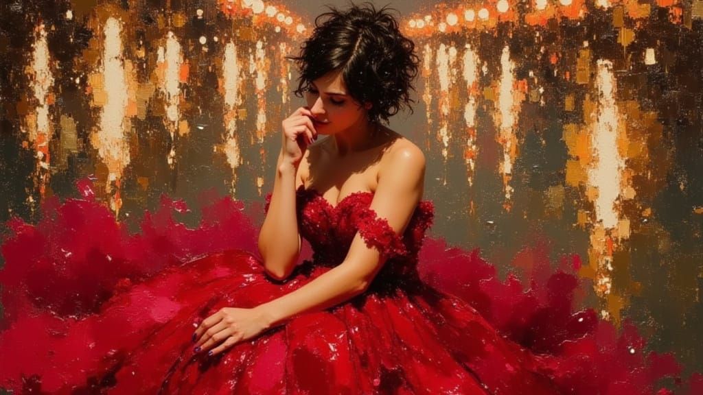 Elegant Princess in Scarlet, Chiaroscuro Oil Painting