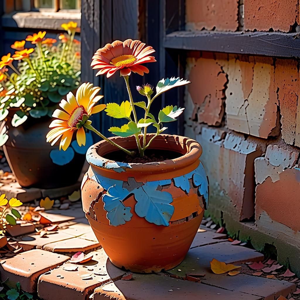 Broken Clay Pot with Flower in Autumn Light