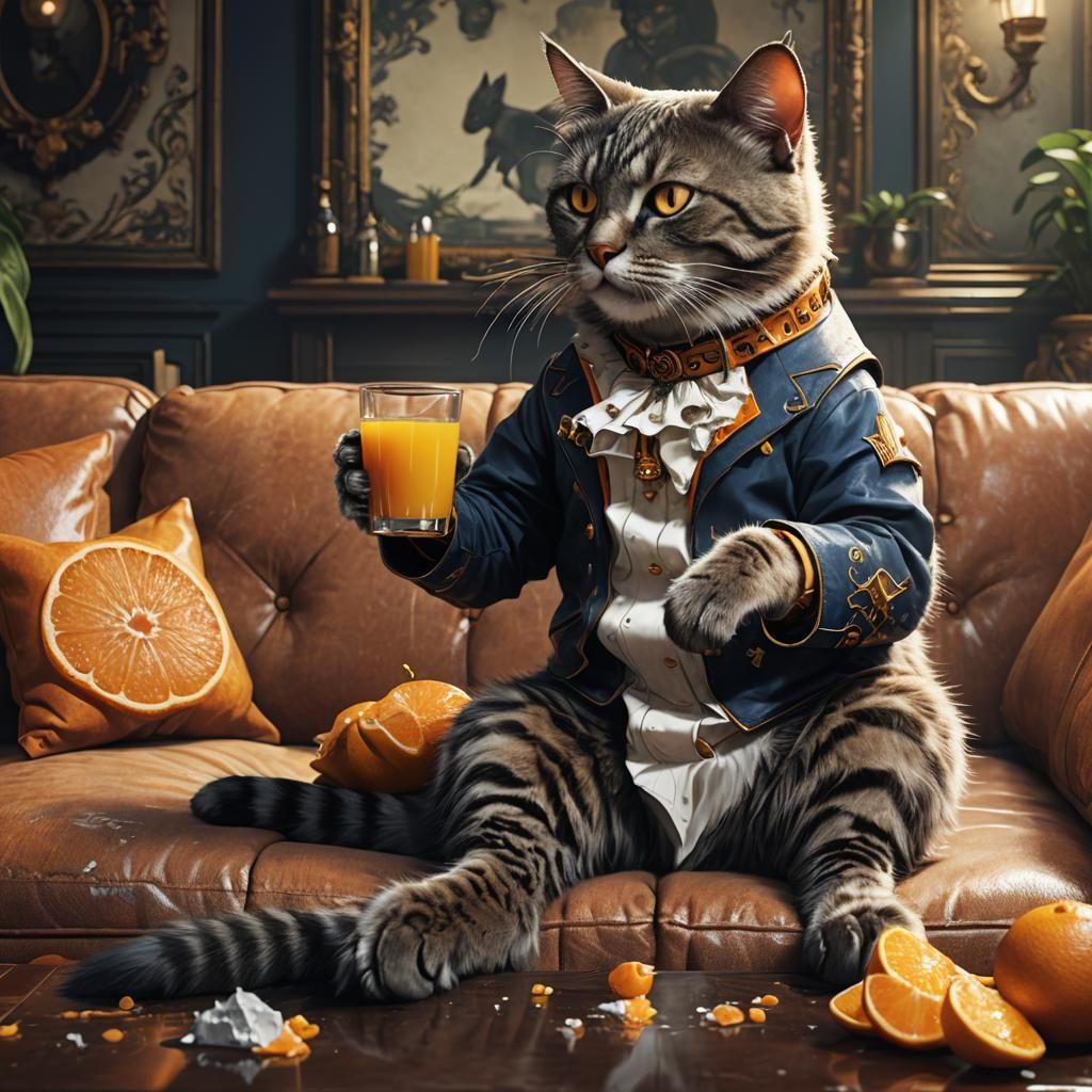 Cat with Sigma Jawline Drinking Juice, Detailed Digital Art