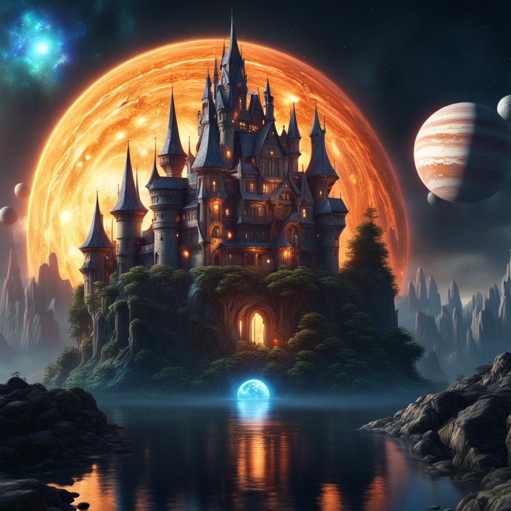 Ominous Castle with Colorful Solar System Background