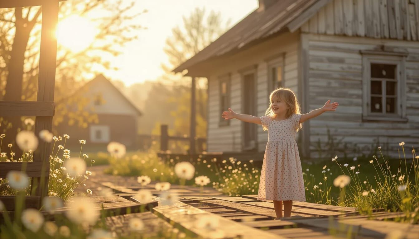 Nostalgic Village House With Young Mother in Warm Sunlight