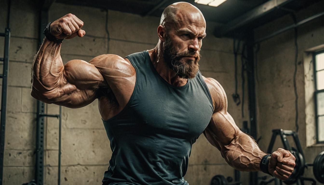 Cinematic Portrait of Muscular Bald Man Flexing