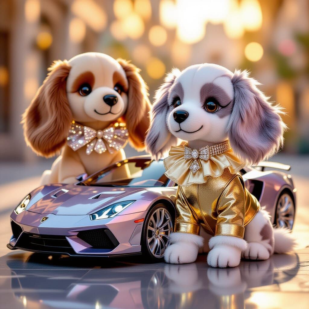 Plush Dog with Supercar in Fantasy Art Style