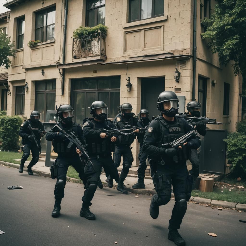 Dramatic SWAT Team House Raid: Cinematic Film Still