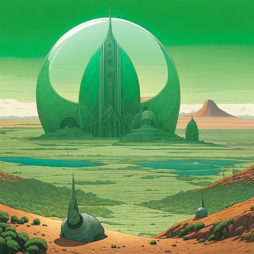 Emerald Warlocks Overlook Alien Desert: Line Art