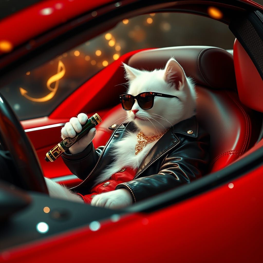 Luxurious White Kitten in High-Society Ferrari