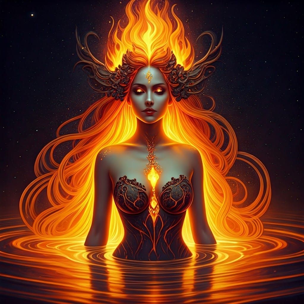 Ethereal Fire Nymph in Art Nouveau Style