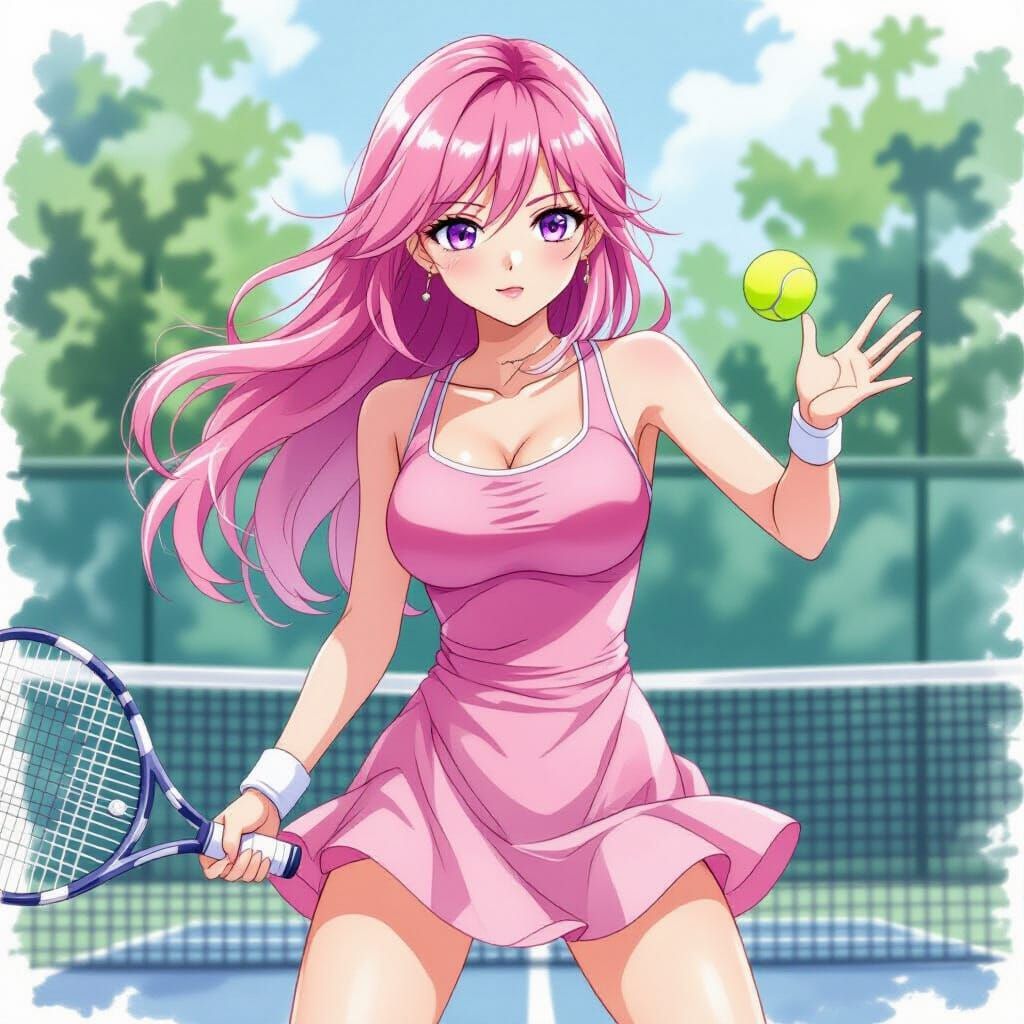 Pink Haired Tennis Player in Watercolor Style