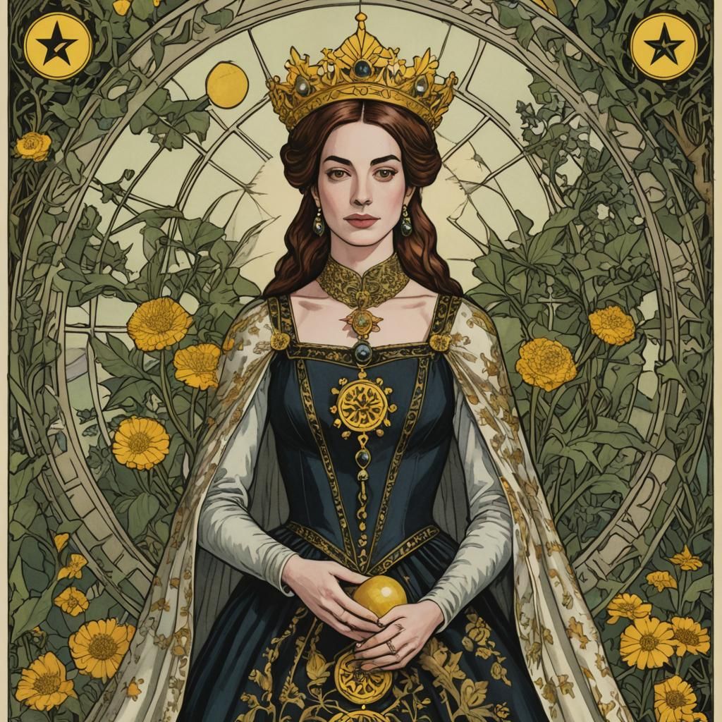 Anne Hathaway as Queen of Pentacles Tarot
