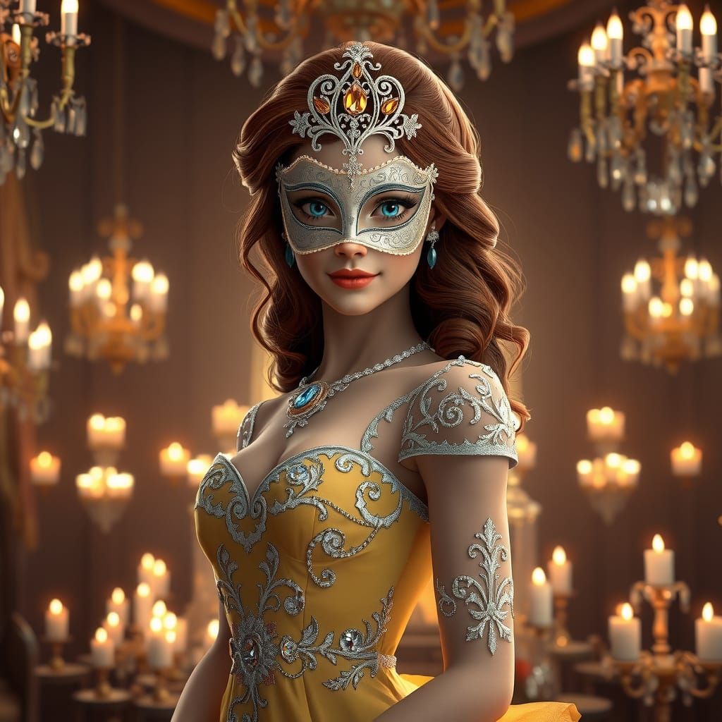 Elegant Princess Anastasia in Golden Ballgown with Sparkling...