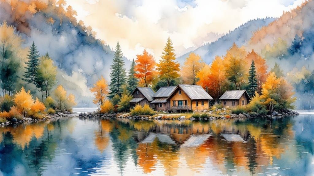 Cozy Autumn Village Watercolor Painting