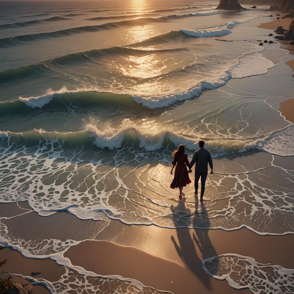 Romantic Beach Walk at Sunset: Fantasy Concept Art