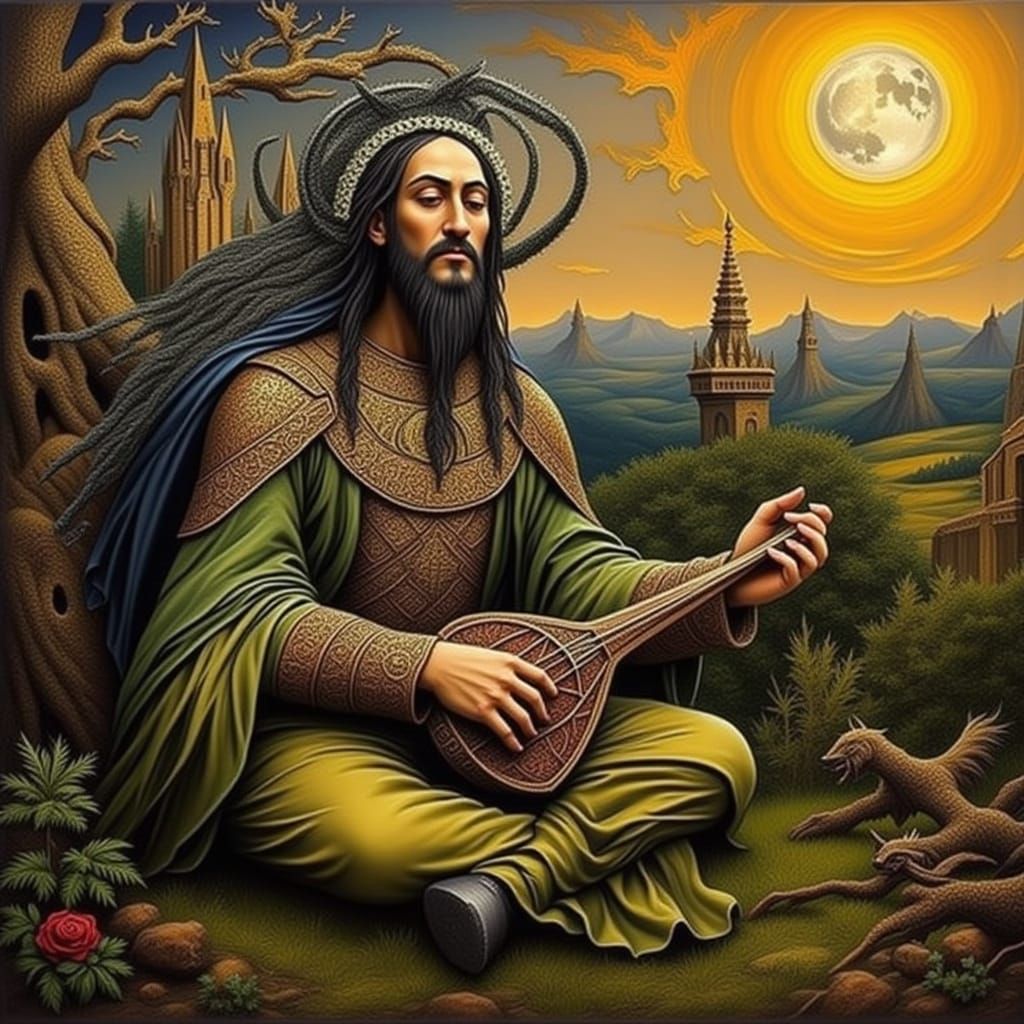 Celtic Druid Bard Playing Lyre as Impasto Painting