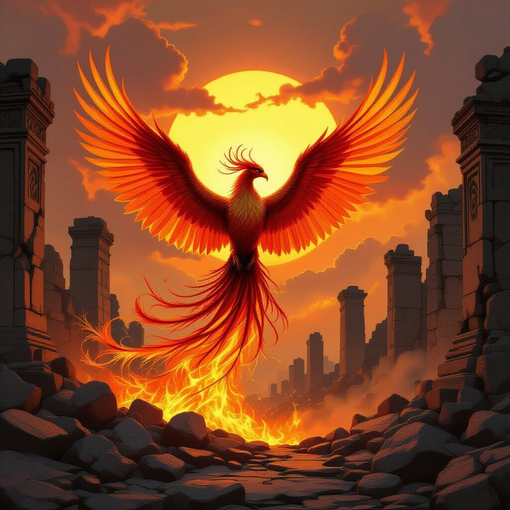 Phoenix Ascends from Ruins in Twin Sunset Glow