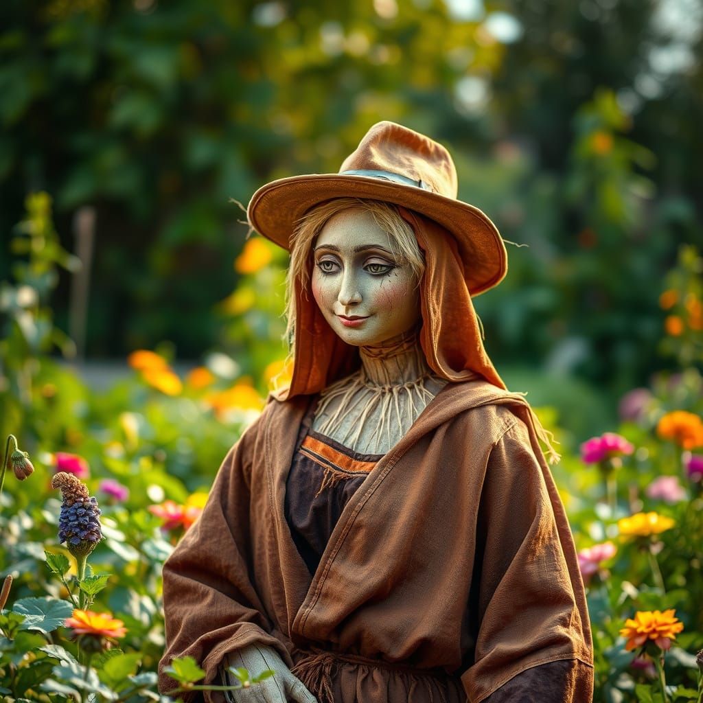 Serene Vegetable Garden with Enigmatic Scarecrow in Mona Lis...