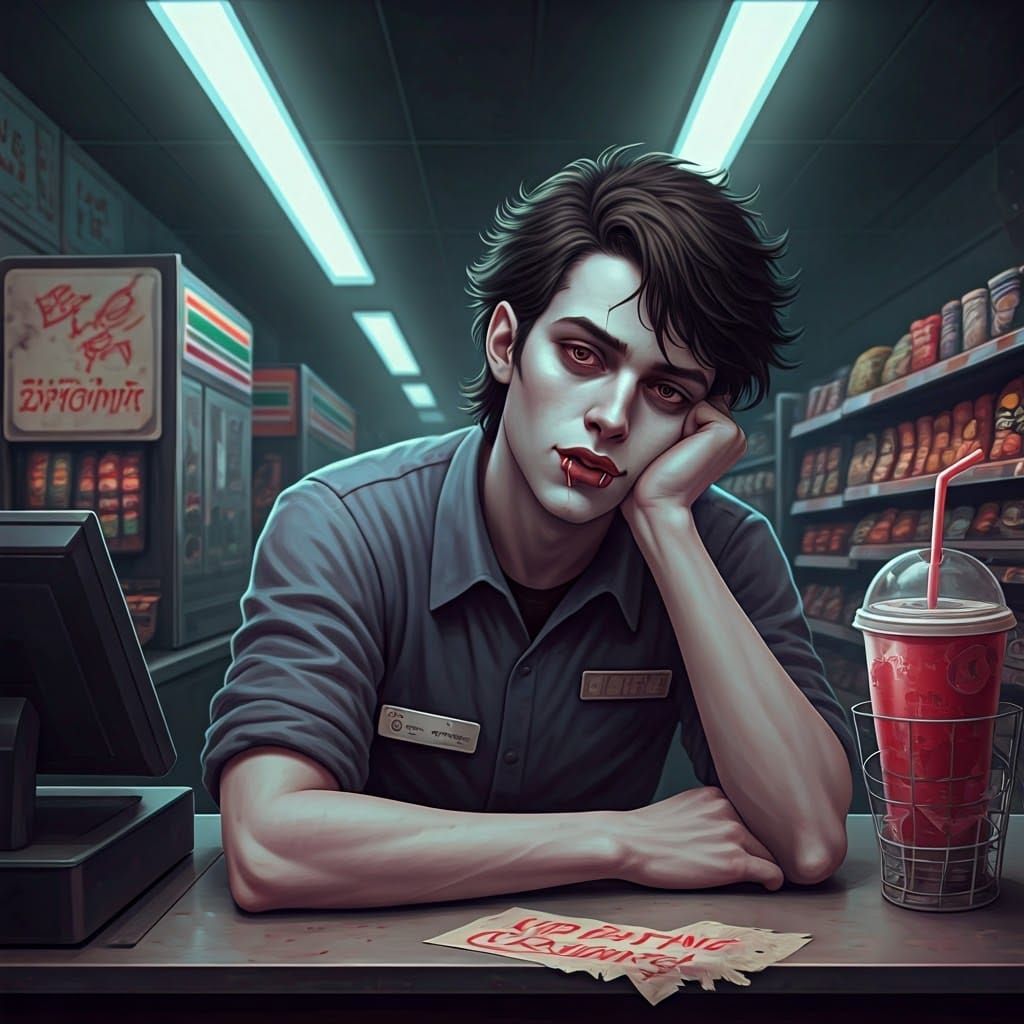 Gothic Vampire Teen Slumps Behind 7-Eleven Counter in Moody ...
