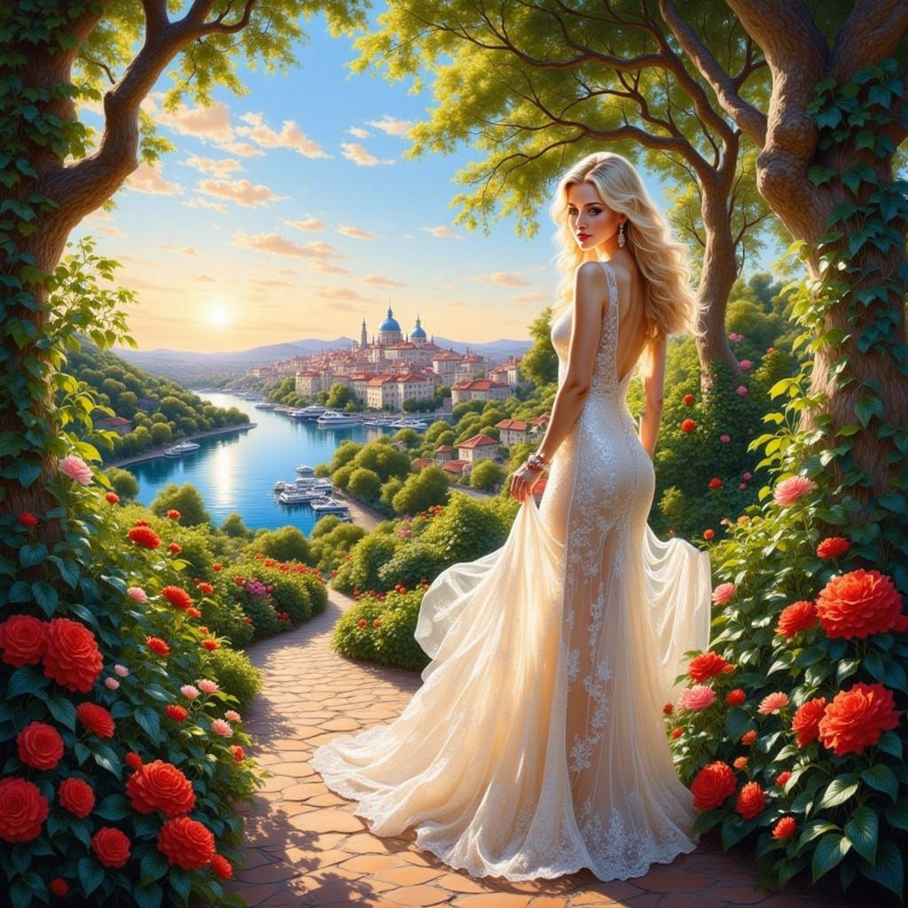 Ethereal Woman in Lush Gardens and Cityscape