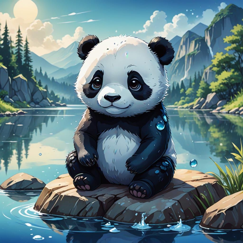 Vibrant Chibi Water Panda in Serene Lake Setting