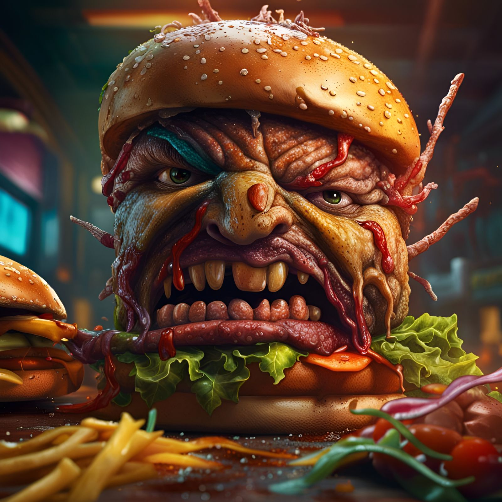 Creepy Killer Burger in Hyperrealistic Splash Art