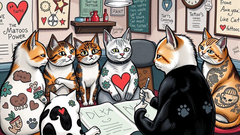 Whimsical Cats Gather in Tattoo Parlor Watching Feline Get H...