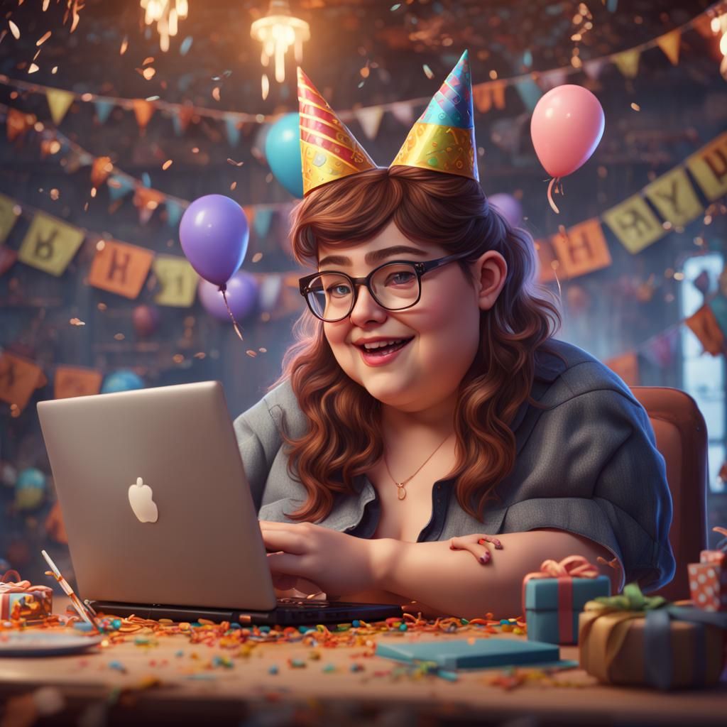 Celebrating Birthday: Nerd Girl at Computer, Detailed Matte ...