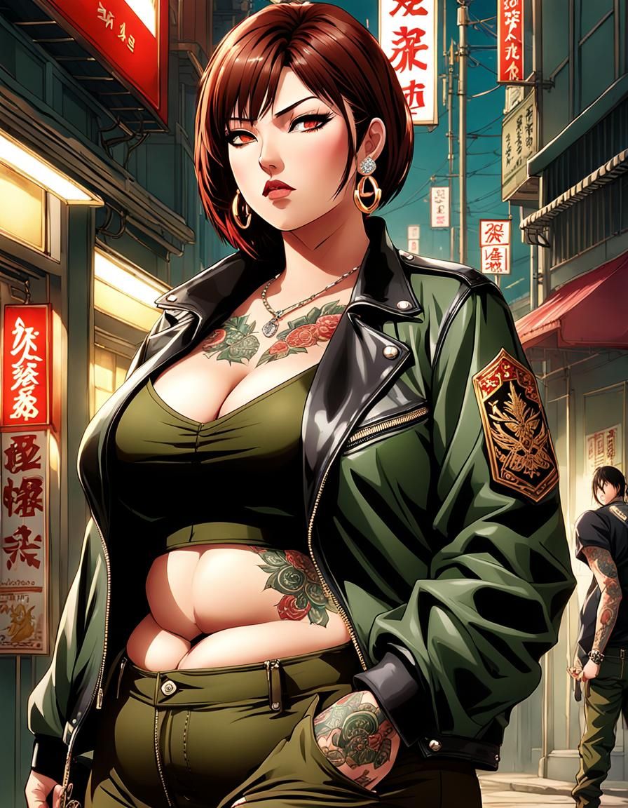 Anime-Style Yakuza Woman with Tattoos and Piercings