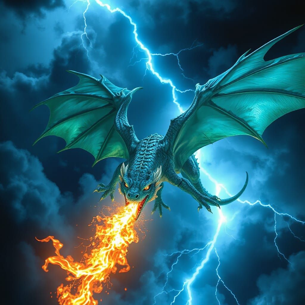 Majestic Turquoise Dragon Soaring Through Stormy Sky