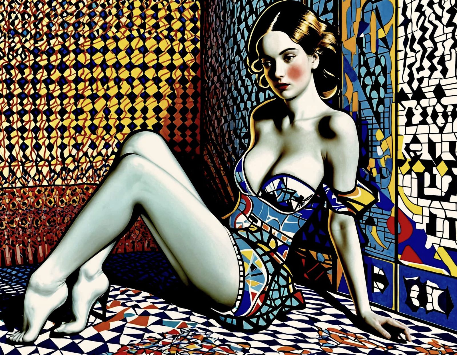 Retro Futuristic Girl in White Swimsuit, MC Escher Style