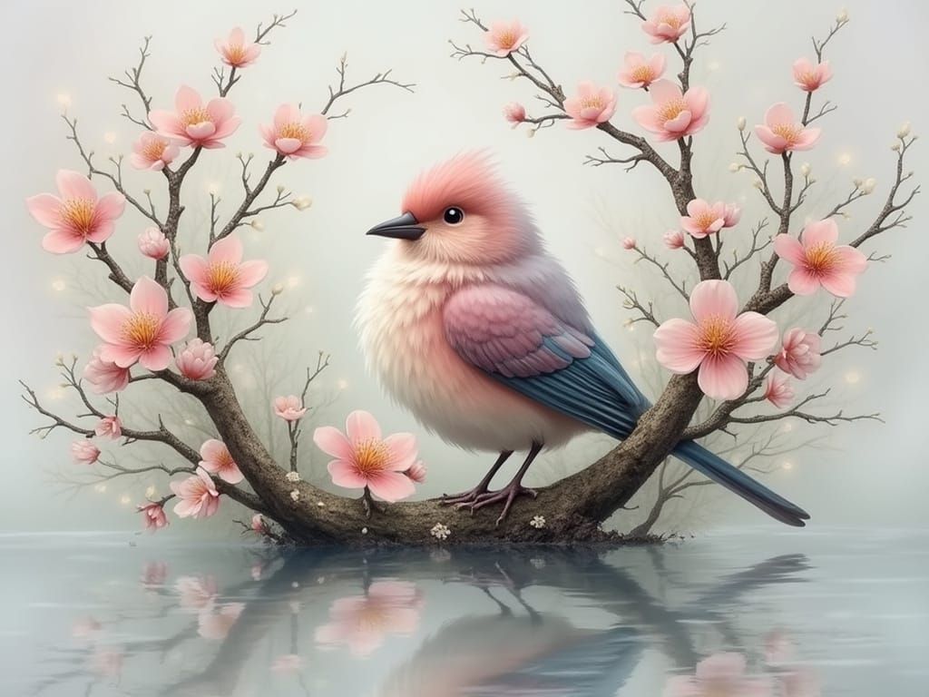 Enchanting Pastel Bird on Branch Above Reflective Water