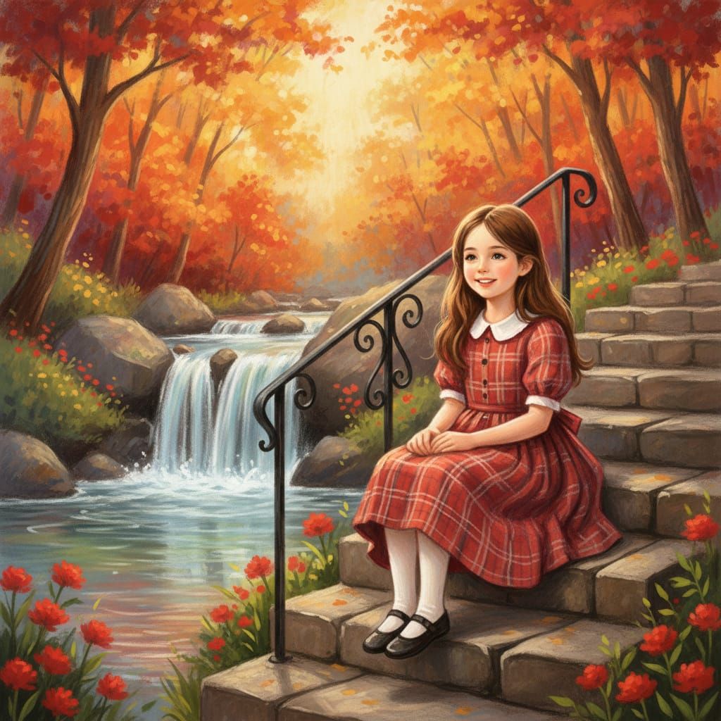 Joyful Girl in Autumn Forest Beside Waterfall