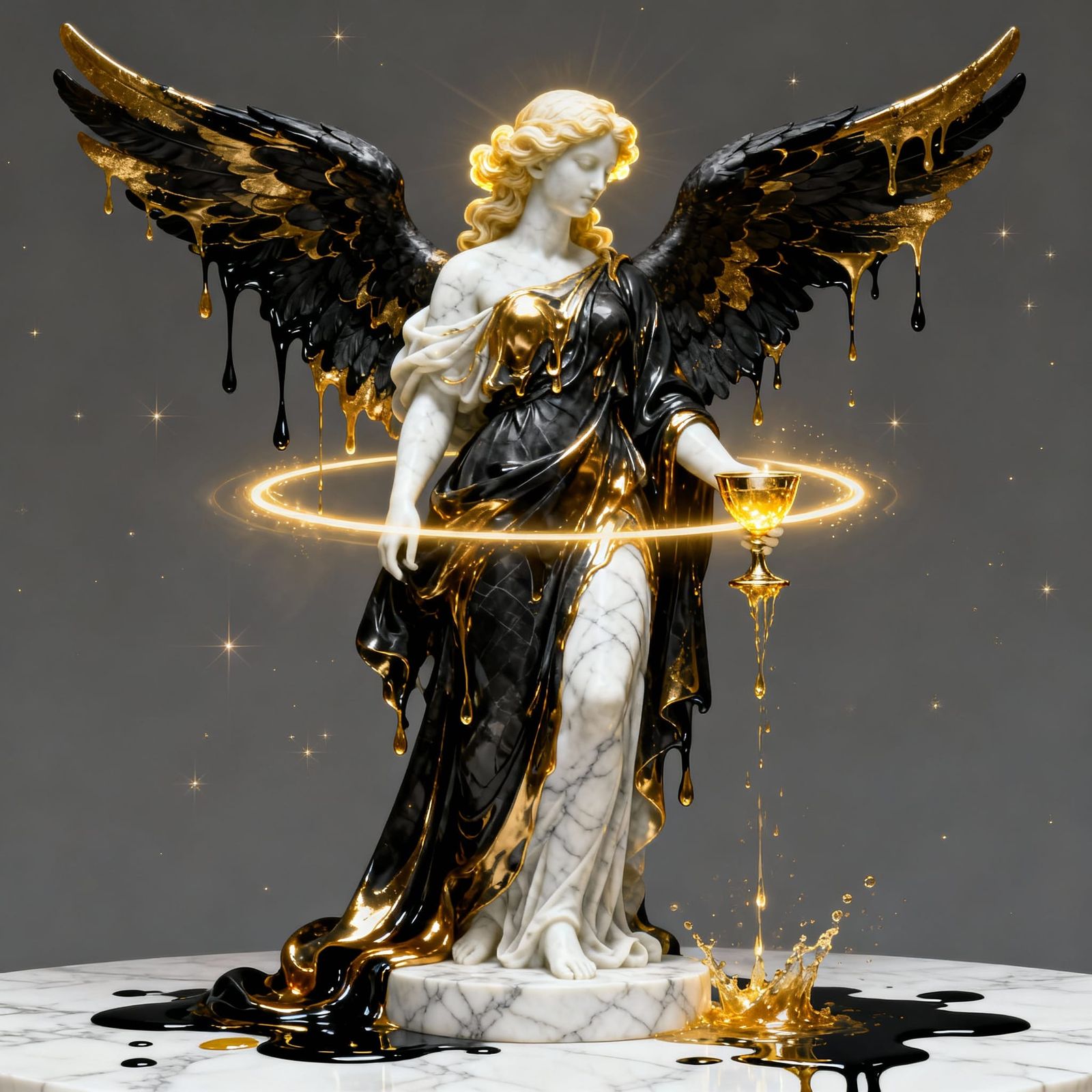 Majestic Angelic Statue in Molten Gold and Black Liquid Robe...