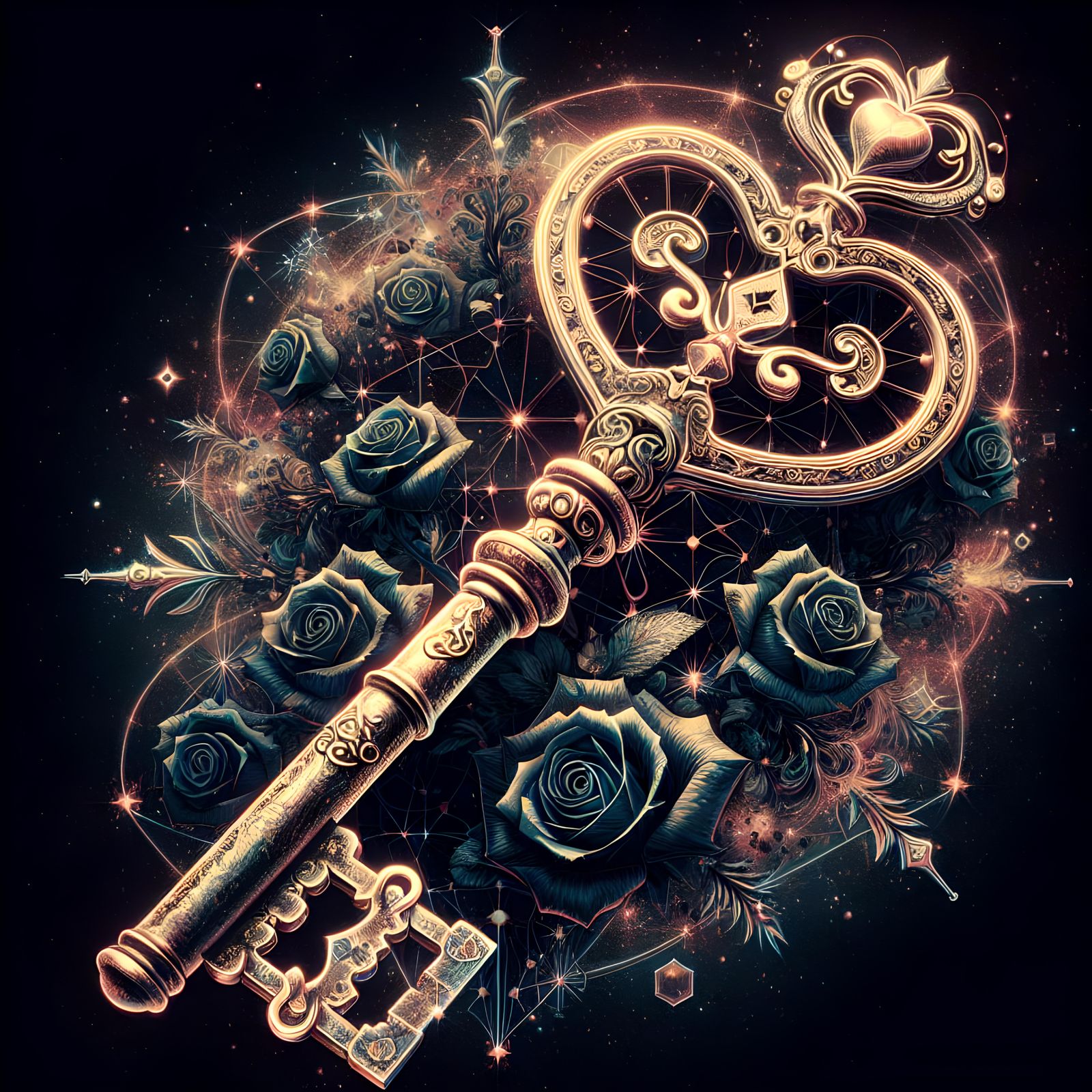 Heart Skeleton Key with Black Roses in Astral Style