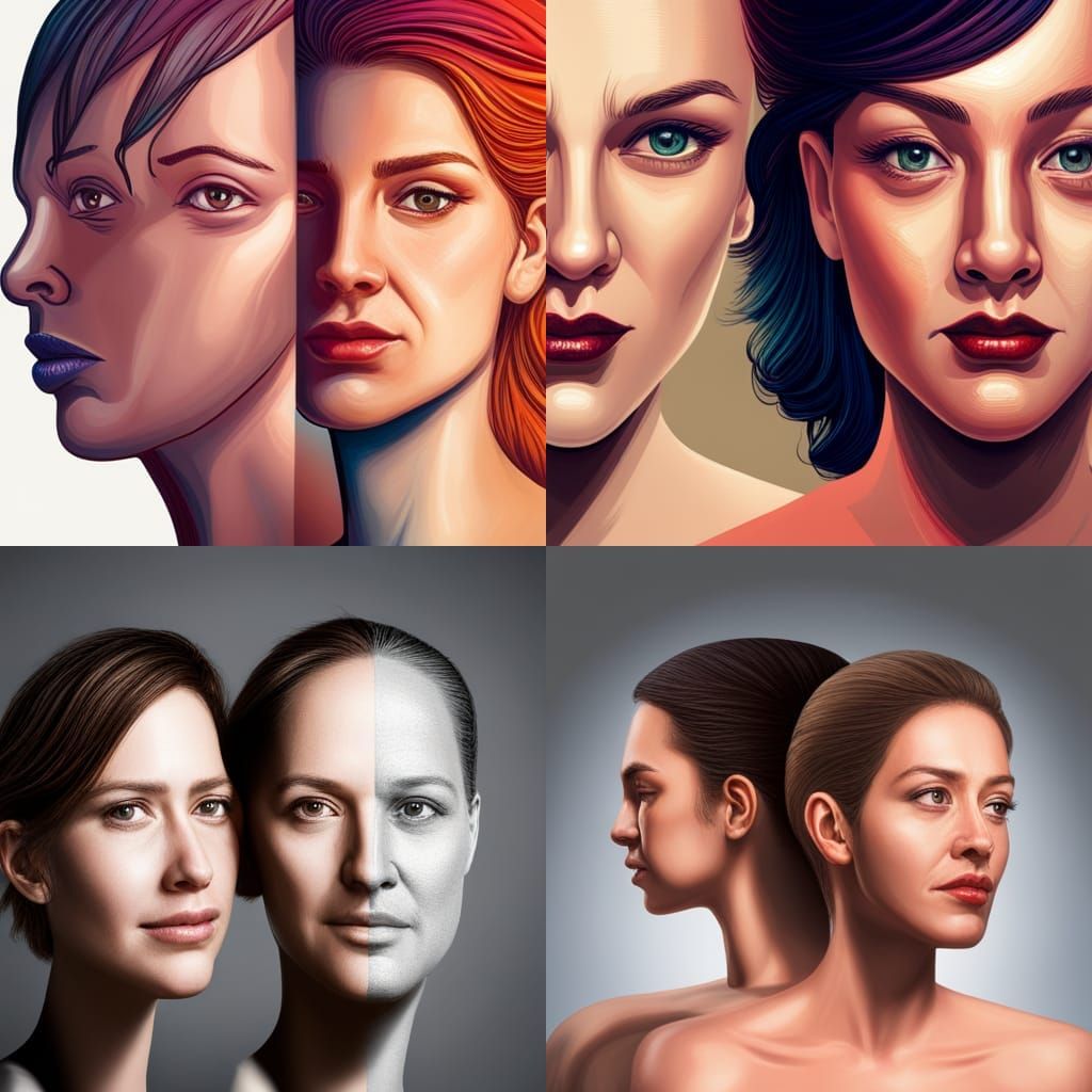 Hyperrealistic Two-Faced Woman Displaying Duality