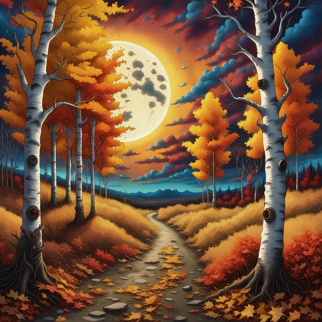 Gothic Autumn Birch Tree in Tim Burton Style