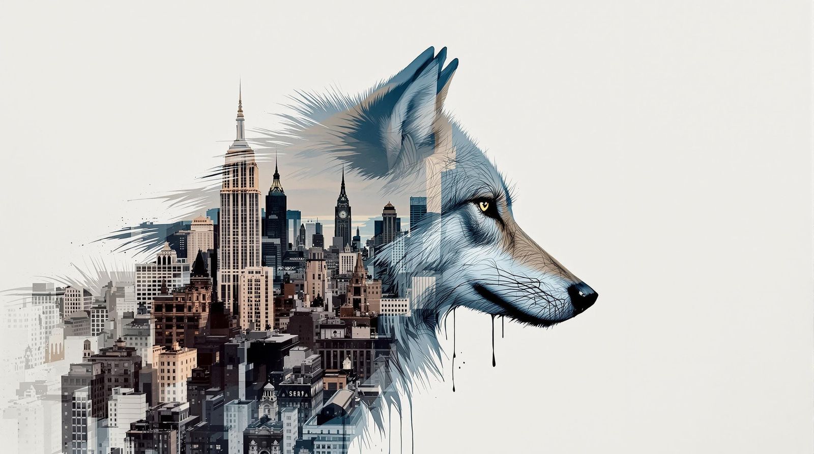 Wolf and Cityscape Double Exposure in Watercolor Style