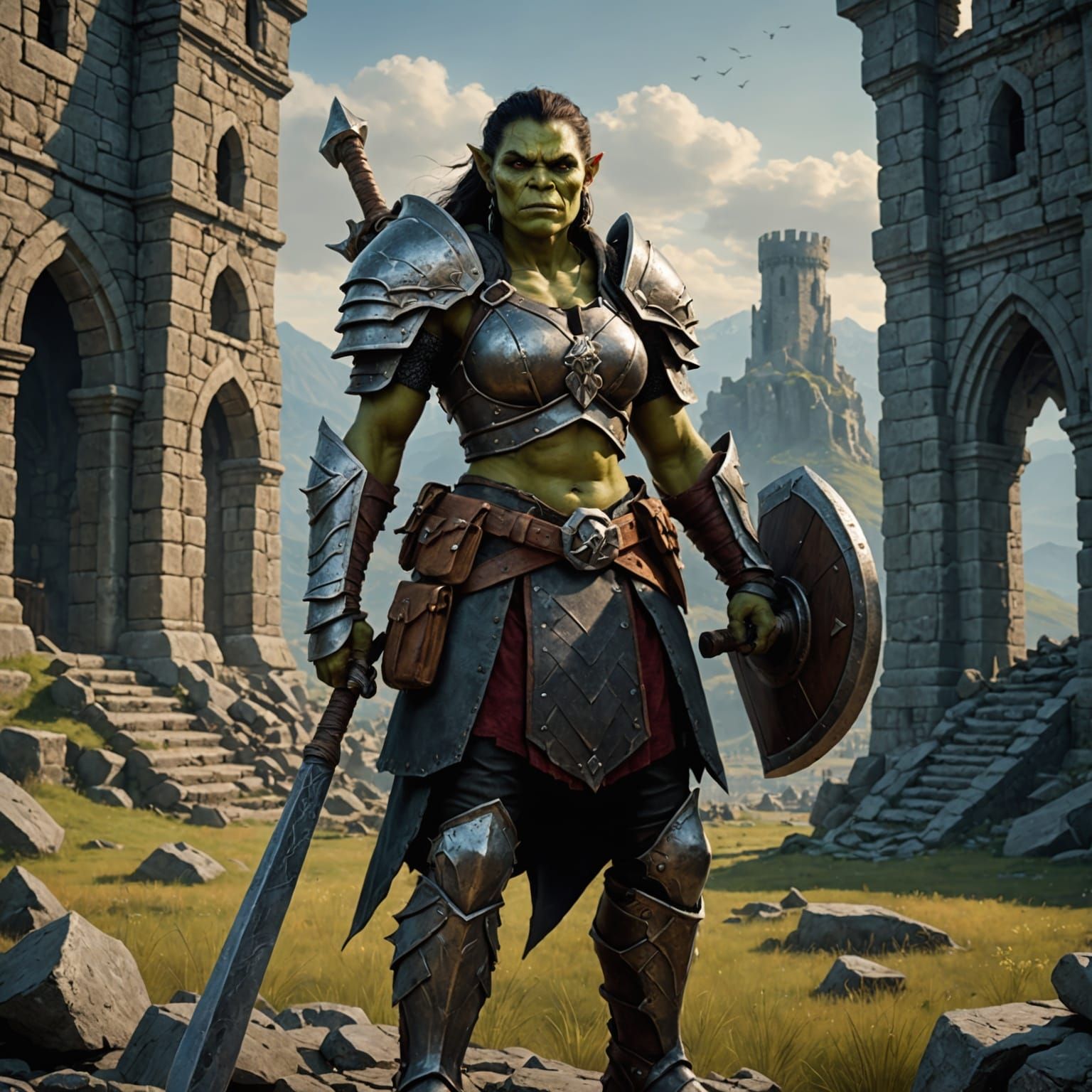 Female Orc Warrior Portrait in Digital Painting Style