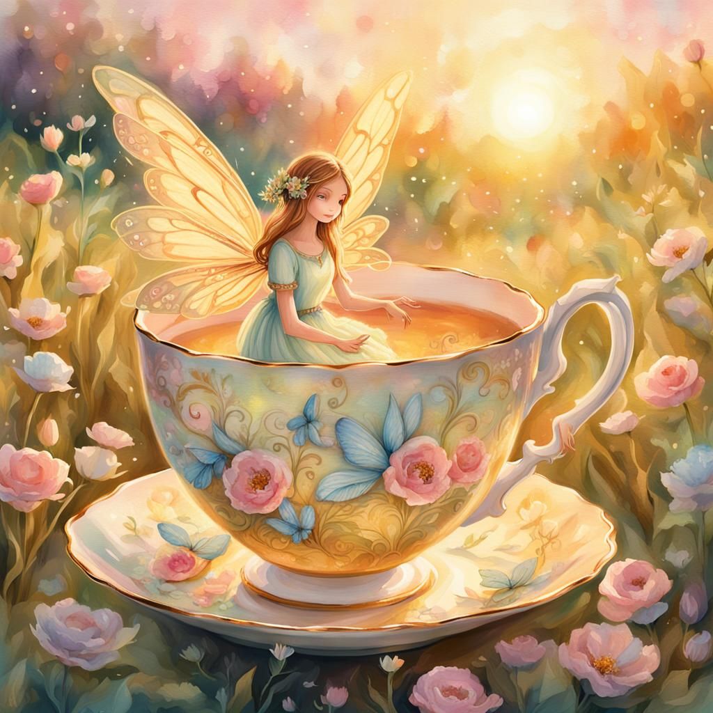 Floral Fairy with Golden Wings at Sunset