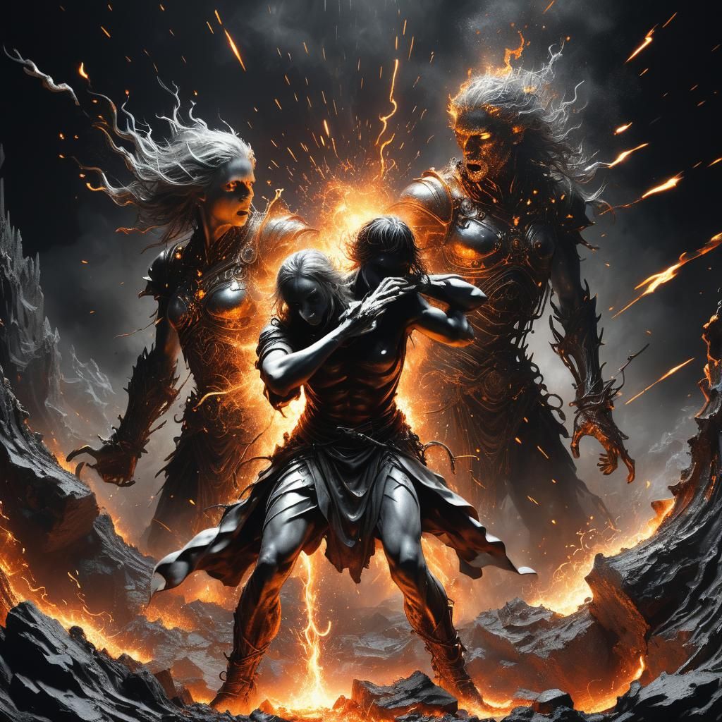 Masculine and Feminine Energies Clash in Fiery 3D Rendering