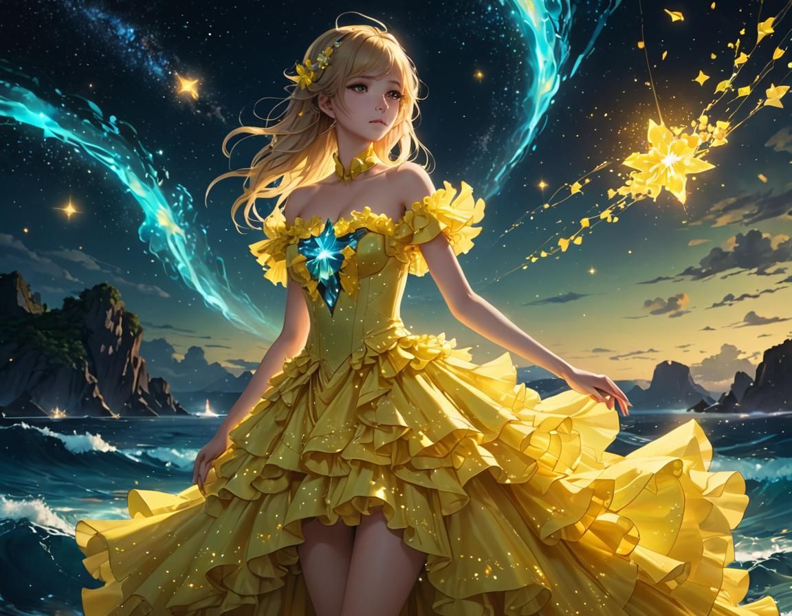 Bioluminescent Ocean Under Starry Galaxy Sky in Anime Style