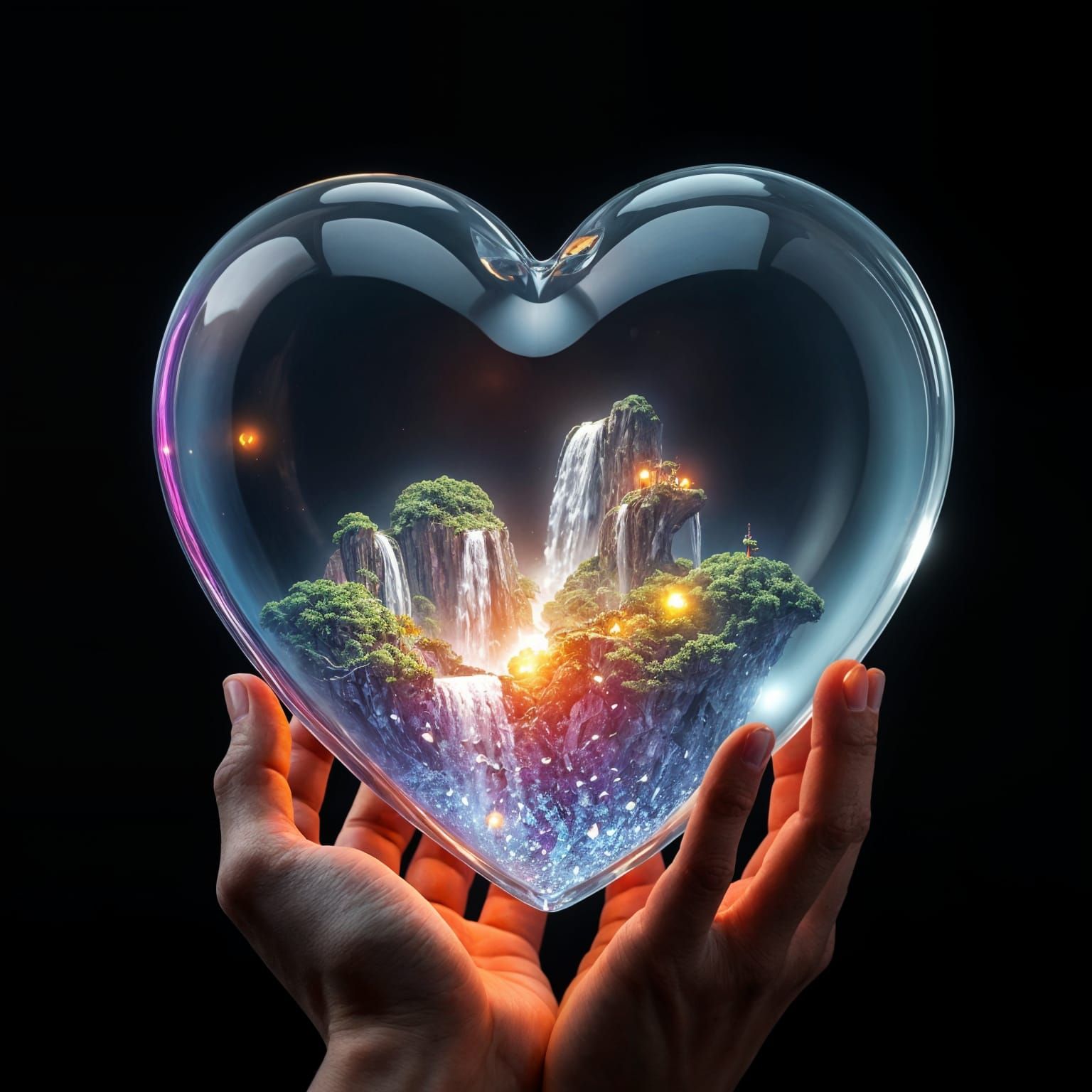 Glowing Glass Heart with Fantastical Floating Islands