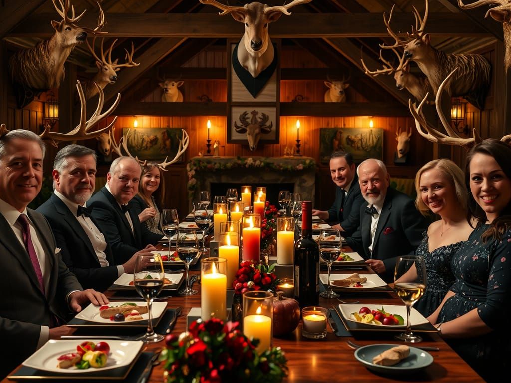 Festive Dinner Party with Guests in Reindeer Antlers