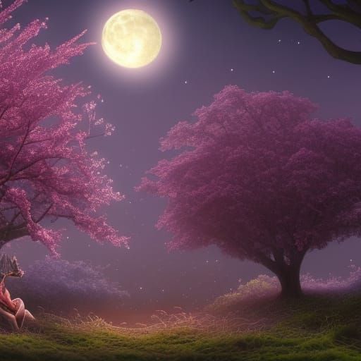 Night Fairy Among Plum Tree Flowers: Matte Painting