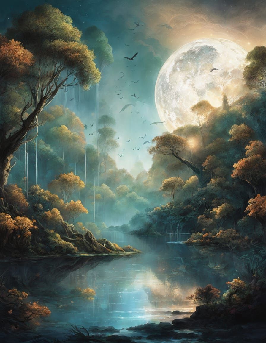 Moonlit Jungle Canopy with Luminous Birds