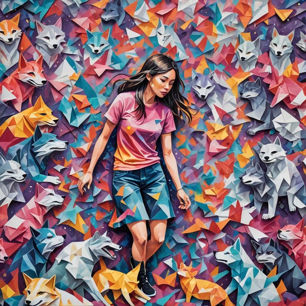 Cat-Wolf Girl Transformation in Gouache Street Art