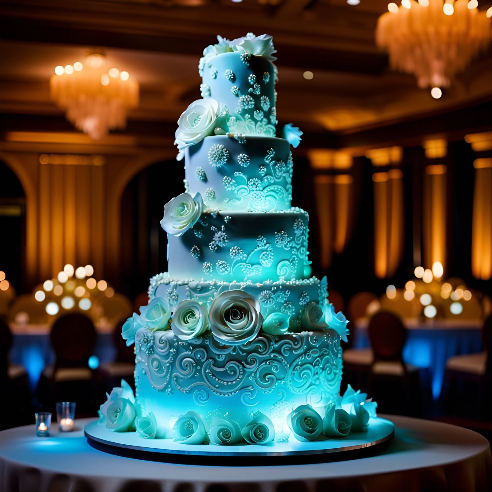 Bioluminescent Wedding Cake in Elegant Ballroom