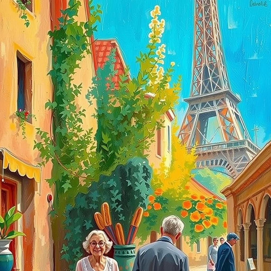 Charming French Woman in Bakery, Impressionistic Style